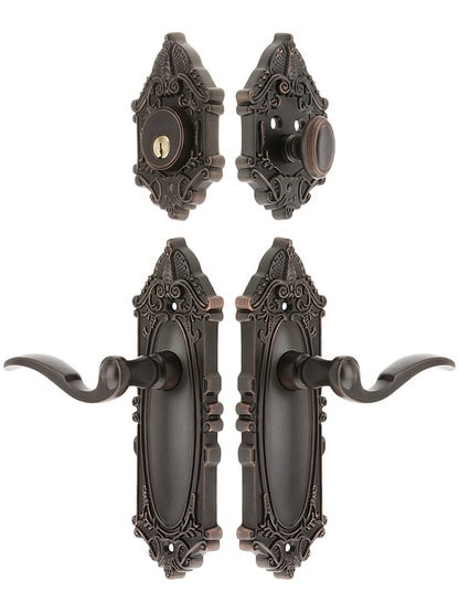 Grandeur Grande Victorian Entrance Door Set, Keyed Alike with Bellagio Levers in Oil-Rubbed Bronze.